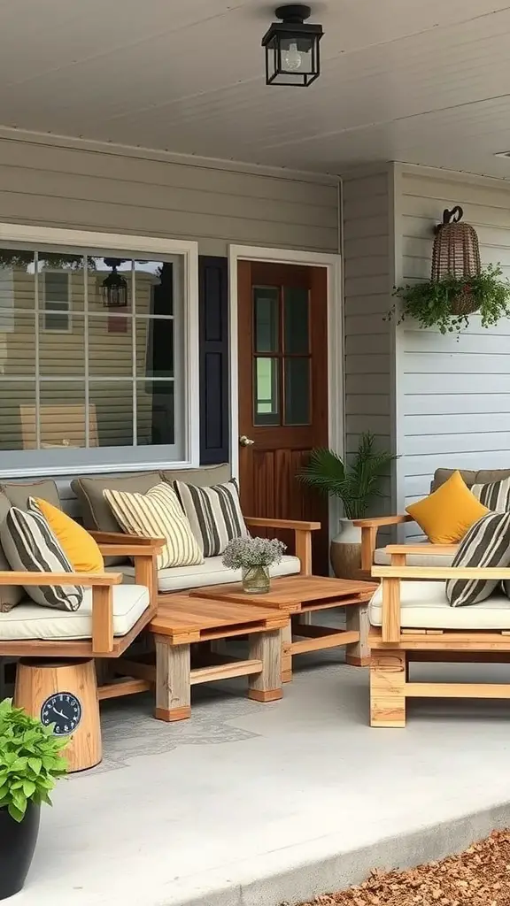 27 Cozy Front Porch Ideas for a Welcoming Home 13 Cozy front porch with rustic wooden pallet furniture, featuring comfortable seating and a wooden coffee table.