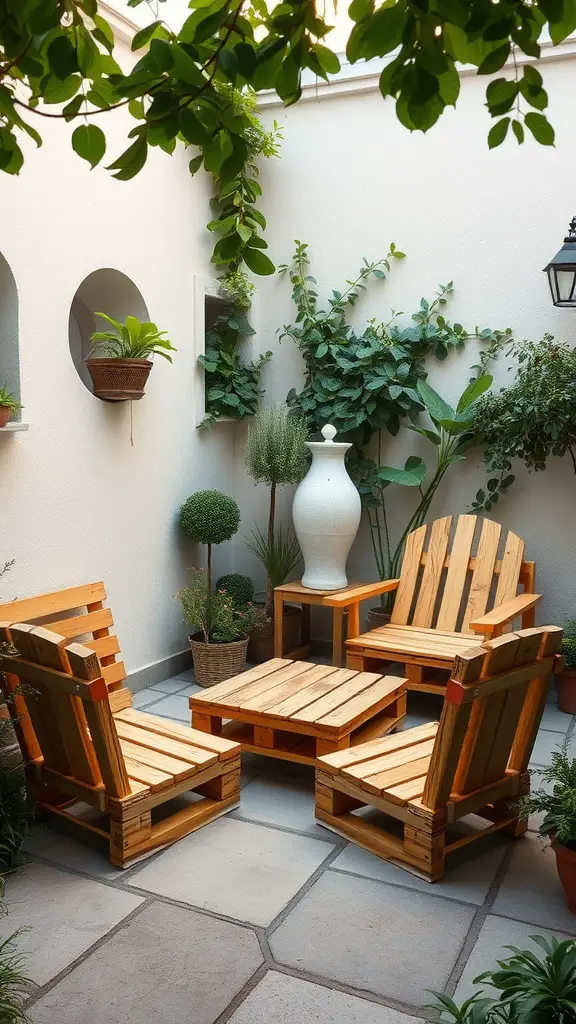 25 Creative Small Patio Ideas for Your Outdoor Space 20 A cozy small patio featuring rustic wooden pallet seating surrounded by greenery and potted plants.