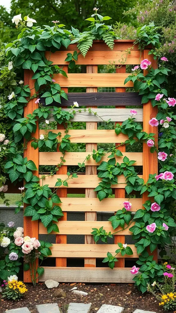 27 Creative DIY Garden Trellis Ideas for Your Outdoor Space 29 A rustic wooden pallet trellis covered in green leaves and flowers.