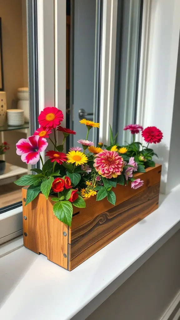 A rustic wooden planter box with colorful flowers on a windowsill.