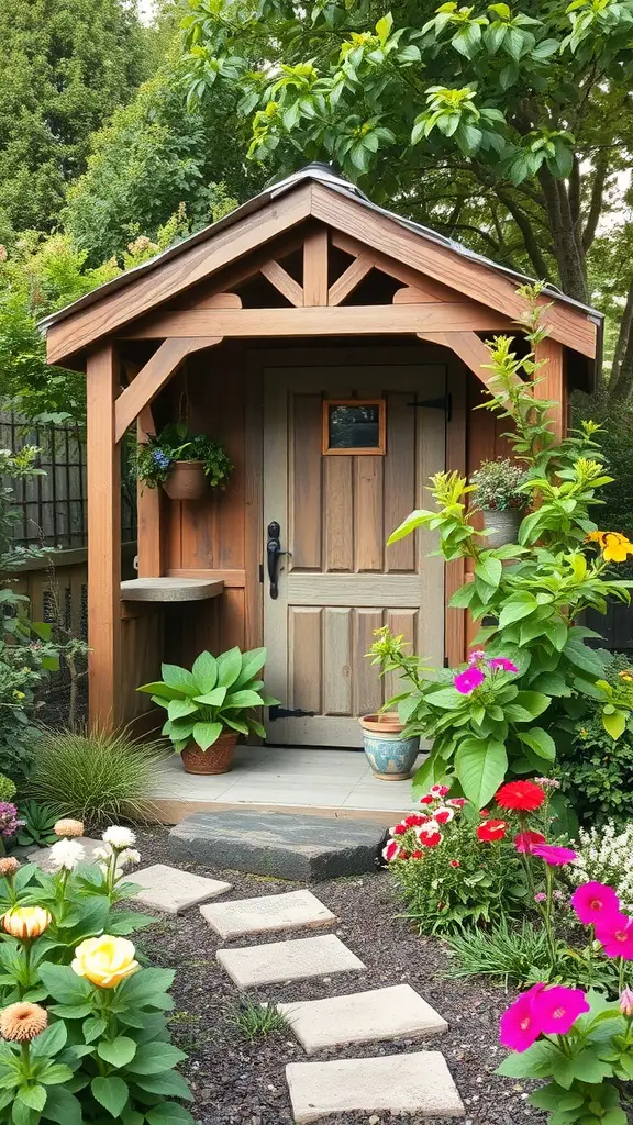 29 Creative Garden Shed Ideas for Every Backyard 4 A rustic wooden garden shed with a stone path and colorful flowers surrounding it.