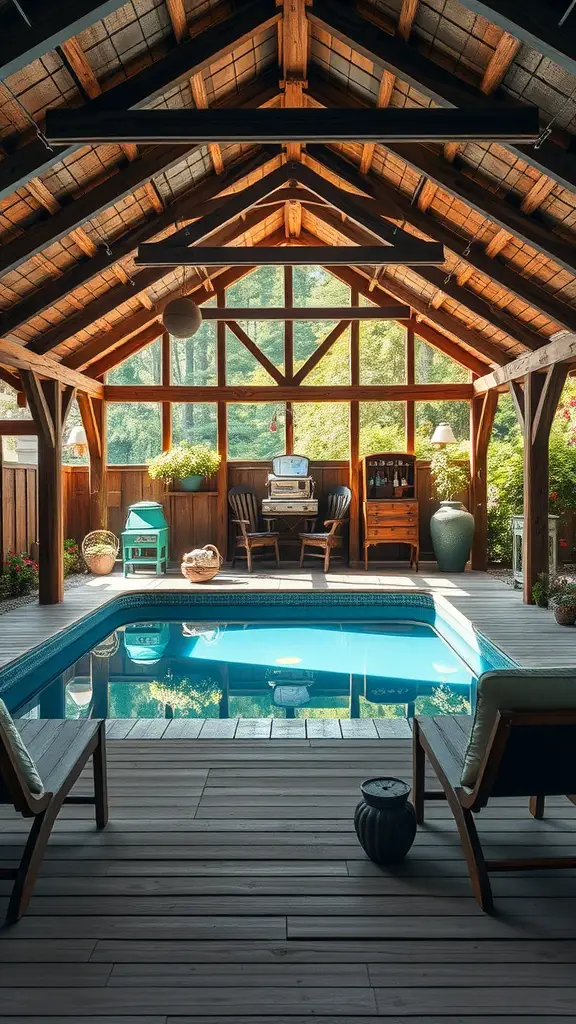 Interior view of a rustic wooden pavilion with a pool, featuring wooden beams and large windows.