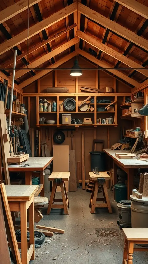 37 Creative Backyard Shed Ideas for Every Style 10 Interior of a rustic workshop shed with wooden beams, tables, and storage shelves filled with tools and materials