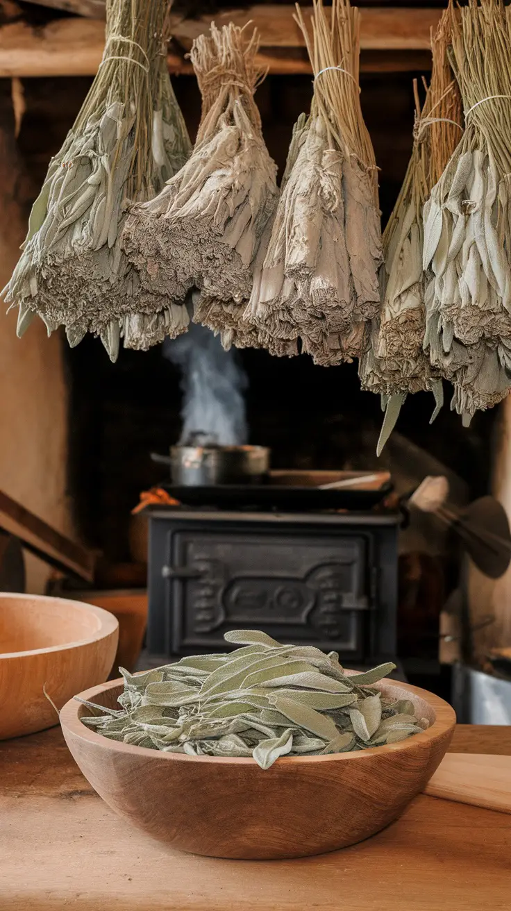 15 Effective Plants That Naturally Repel Mosquitoes 11 Dried sage bundles hanging above a wooden bowl filled with sage leaves, set in a rustic kitchen environment.