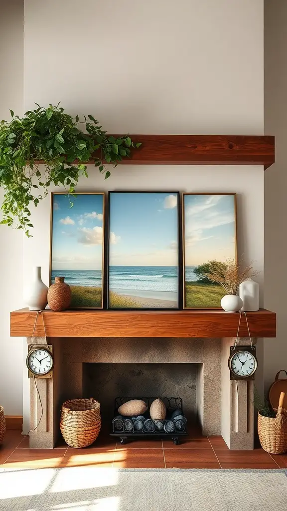 A summer mantel decorated with beach landscape artwork and natural elements