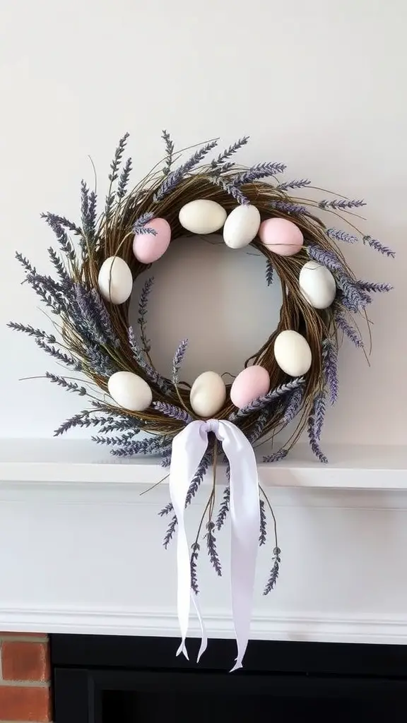 A wreath made of lavender and eggs, featuring a white ribbon, decorated for Easter.