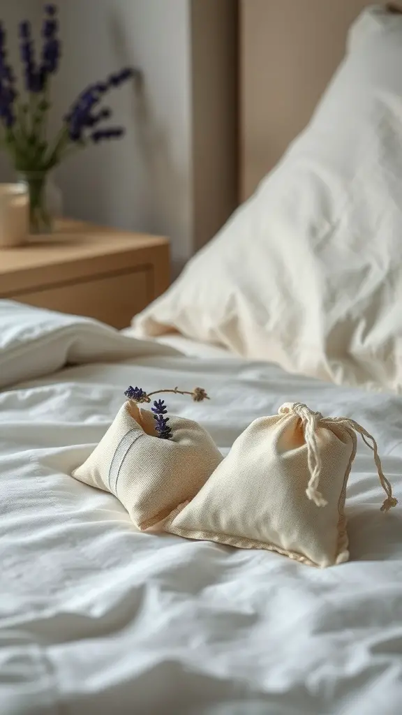 Two scented sachets on a bedspread with lavender flowers