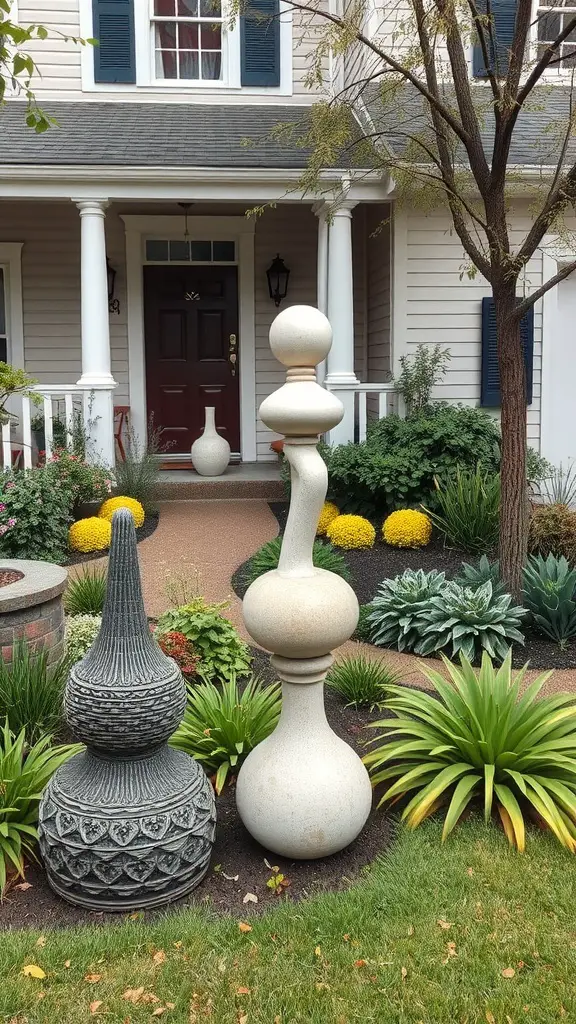 27 Stunning Front Garden Ideas to Transform Your Curb Appeal 13 Two sculptural garden art pieces in a front garden setting with colorful flowers and green plants.