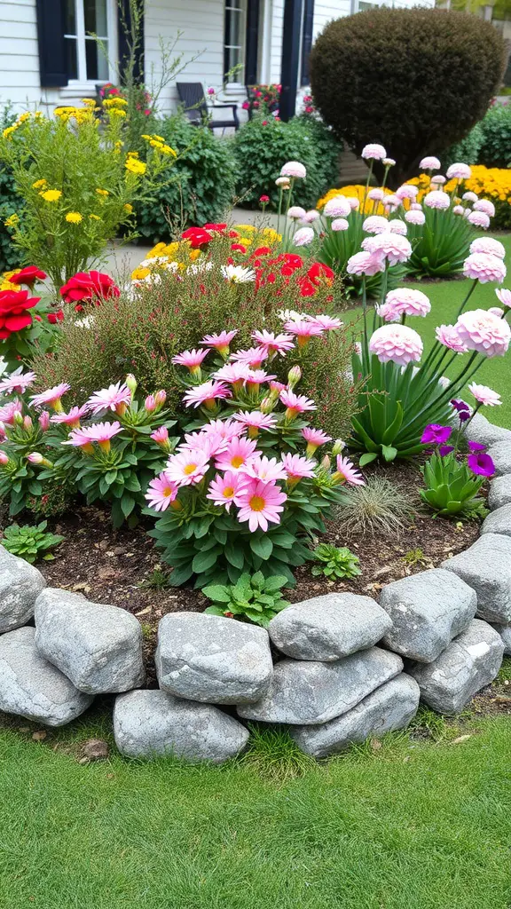 A flowerbed with colorful flowers surrounded by sculptural stone edging.