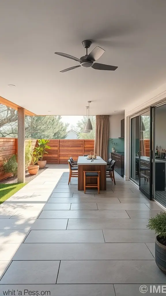 35 Creative Backyard Kitchen Ideas for Outdoor Cooking Enthusiasts 23 A modern patio with a dining table, sliding glass doors, and a fan, blending indoor and outdoor spaces.