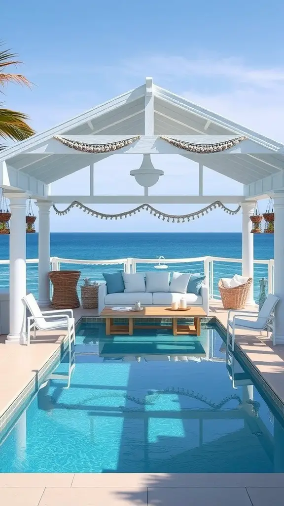 A coastal pavilion by the pool with a view of the ocean, featuring a white structure, plush seating, and blue decor.