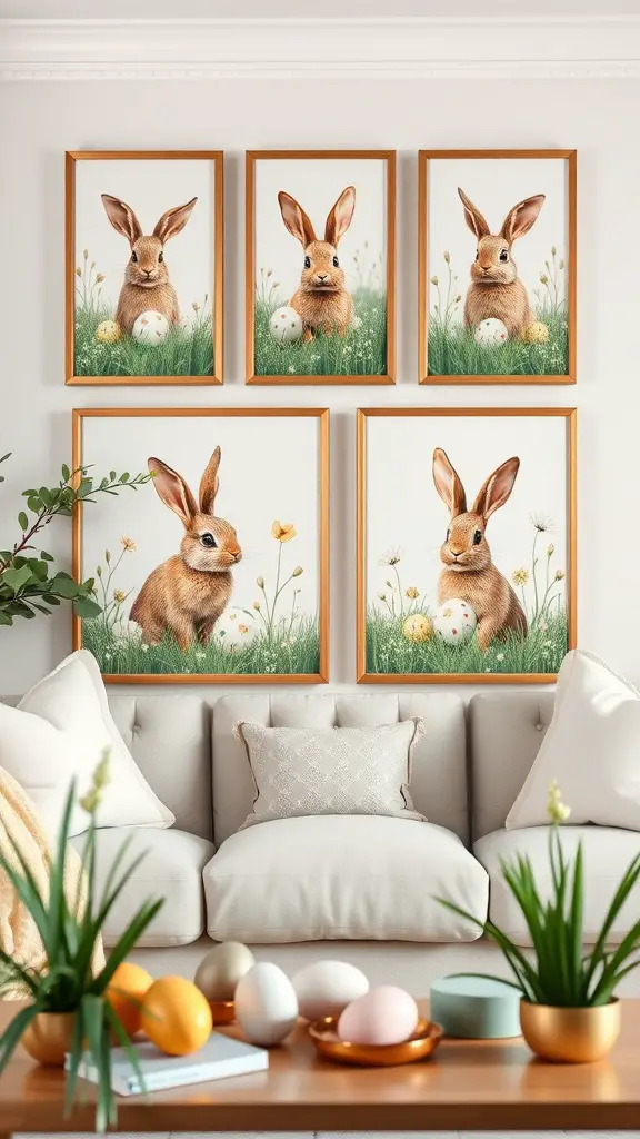 A living room with framed rabbit artwork on the wall and Easter eggs on the table.