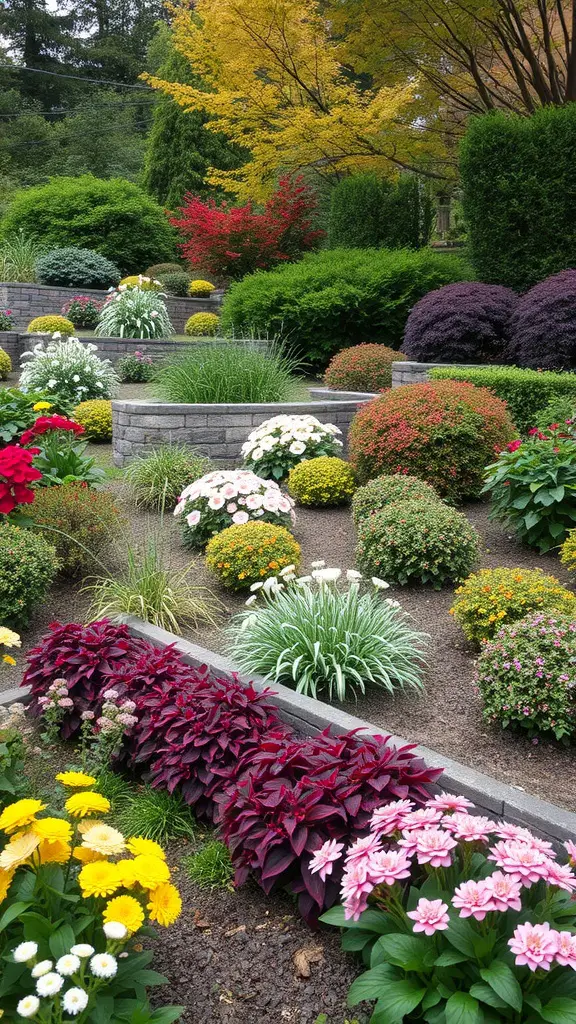 A sloped backyard filled with colorful flowers and lush greenery, showcasing seasonal changes.