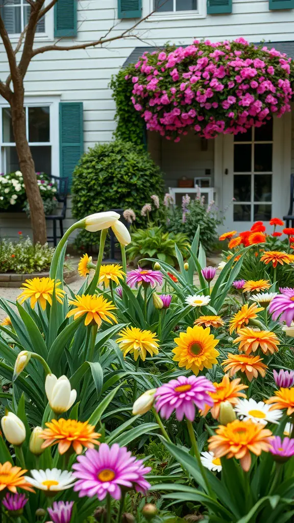 27 Stunning Front Garden Ideas to Transform Your Curb Appeal 15 Colorful flower garden with yellow, pink, and white flowers, featuring hanging pink blooms.