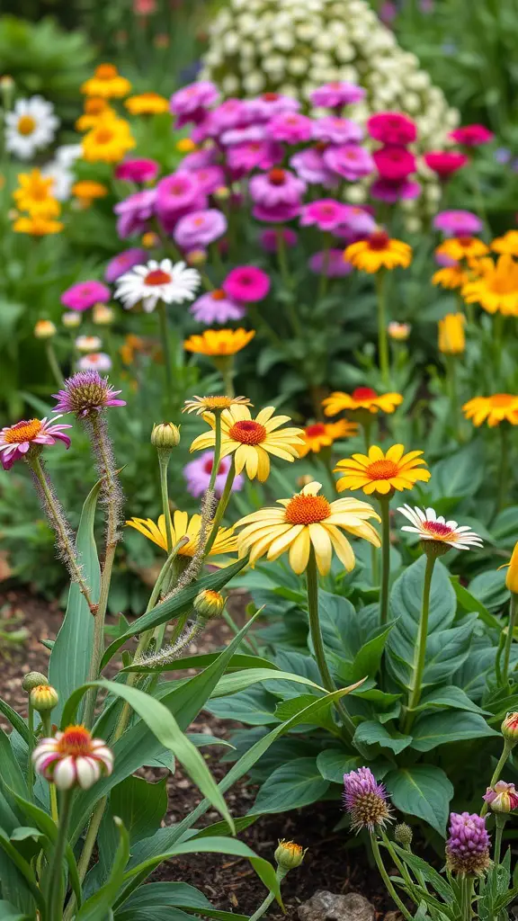 23 Stunning Perennial Garden Ideas to Transform Your Outdoor Space 12 A vibrant garden filled with various colorful flowers including daisies, coneflowers, and zinnias, showcasing seasonal color rotation.