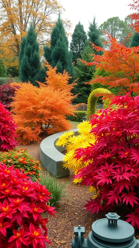 A vibrant landscape featuring colorful foliage in shades of red, orange, and yellow, with green conifers in the background and a curved stone path.