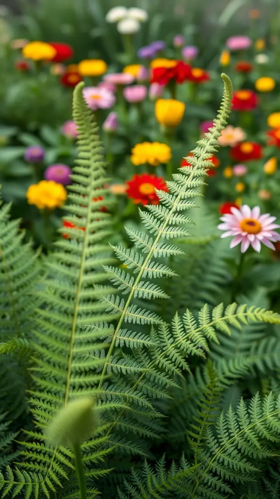 Close-up of foxtail ferns in a colorful flower garden.