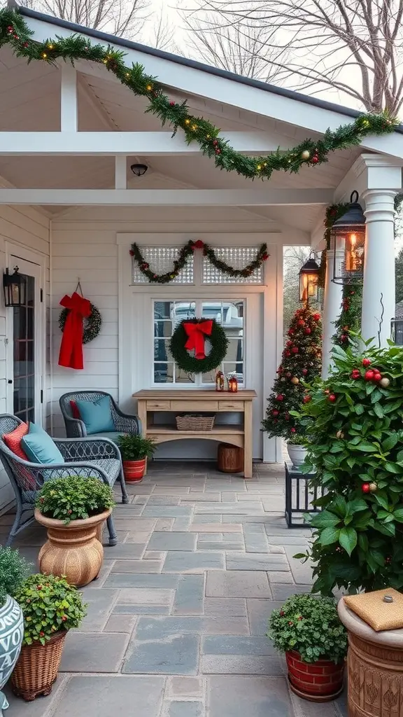 A beautifully decorated patio for the holidays with greenery, wreaths, and cozy seating.