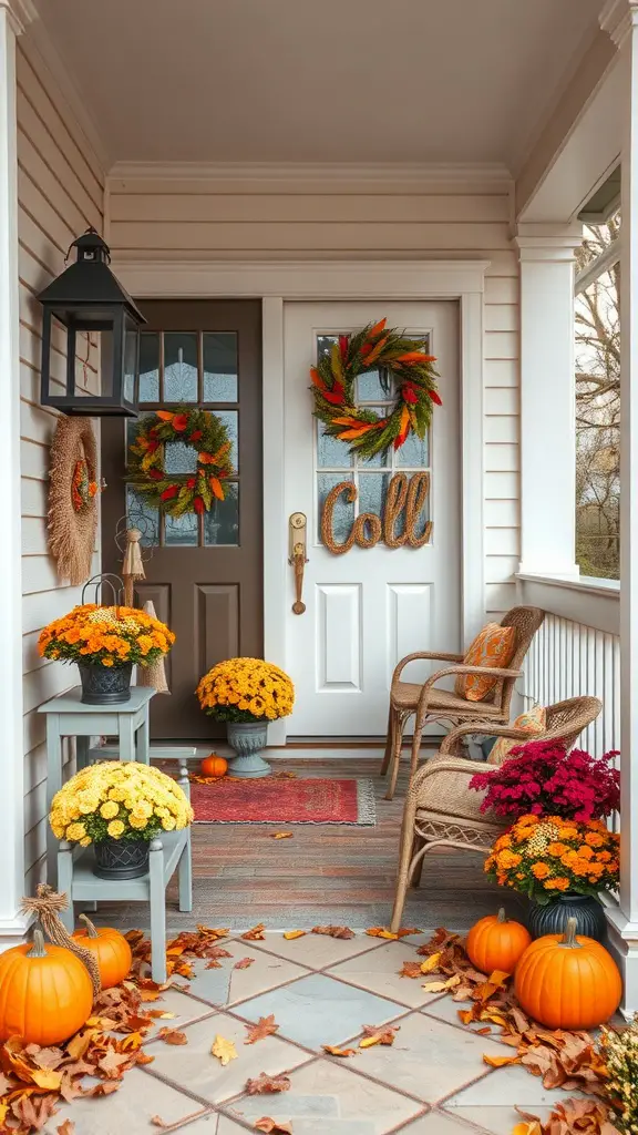 21 Creative Outdoor Front Porch Ideas for a Cozy Welcome 18 A cozy front porch decorated for fall with wreaths, chrysanthemums, pumpkins, and autumn leaves.