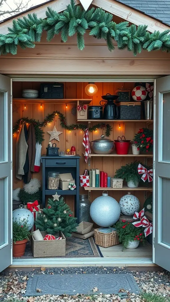 27 Stunning Garden Shed Interiors to Inspire Your Outdoor Space 22 A well-organized garden shed displaying seasonal decorations with warm lights, a small Christmas tree, and neatly arranged ornaments and plants.