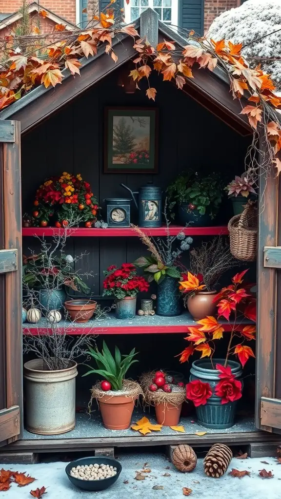 23 Stylish Potting Shed Interior Ideas for a Modern Touch 16 A potting shed decorated for autumn with colorful leaves, plants, and rustic elements.
