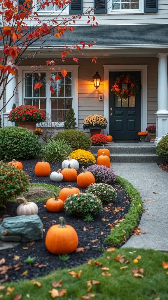 25 Stunning Front Yard Landscaping Ideas to Elevate Your Curb Appeal 16 A front yard in autumn with pumpkins, colorful flowers, and a welcoming porch.