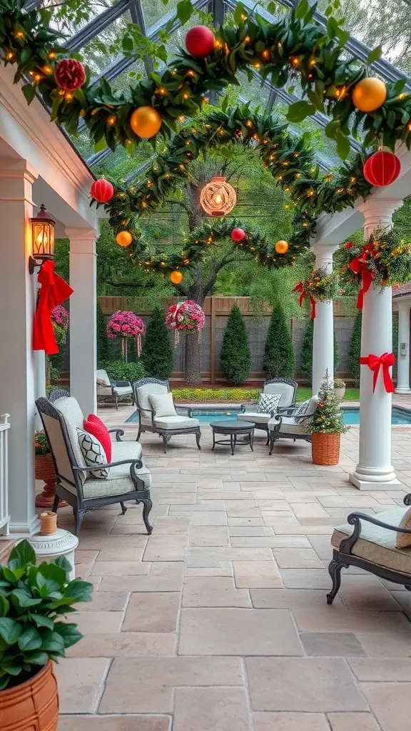 33 Creative Backyard Pool and Patio Ideas for Your Dream Outdoor Space 27 A decorated patio with festive garlands, ornaments, and cozy seating by a pool.