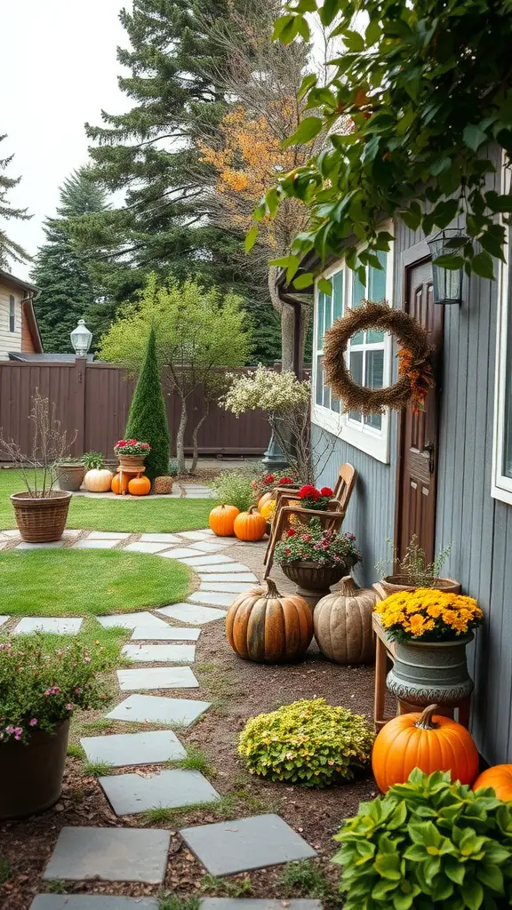 33 Cozy Backyard Ideas for Your Perfect Outdoor Oasis 27 A cozy backyard path lined with pumpkins and flowers, showcasing autumn decor.