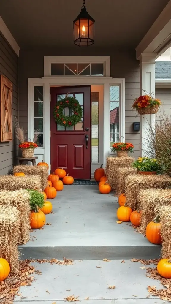 27 Cozy Front Porch Ideas for a Welcoming Home 8 Cozy front porch decorated with pumpkins and hay bales, featuring a red door and hanging plants.
