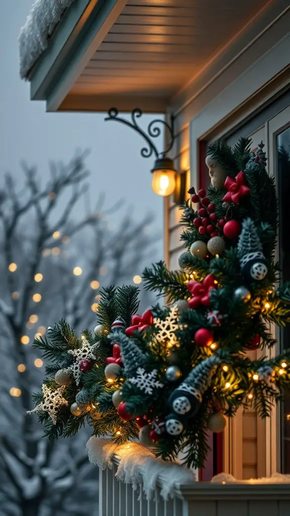 A beautifully decorated balcony featuring a festive wreath with ornaments and lights.