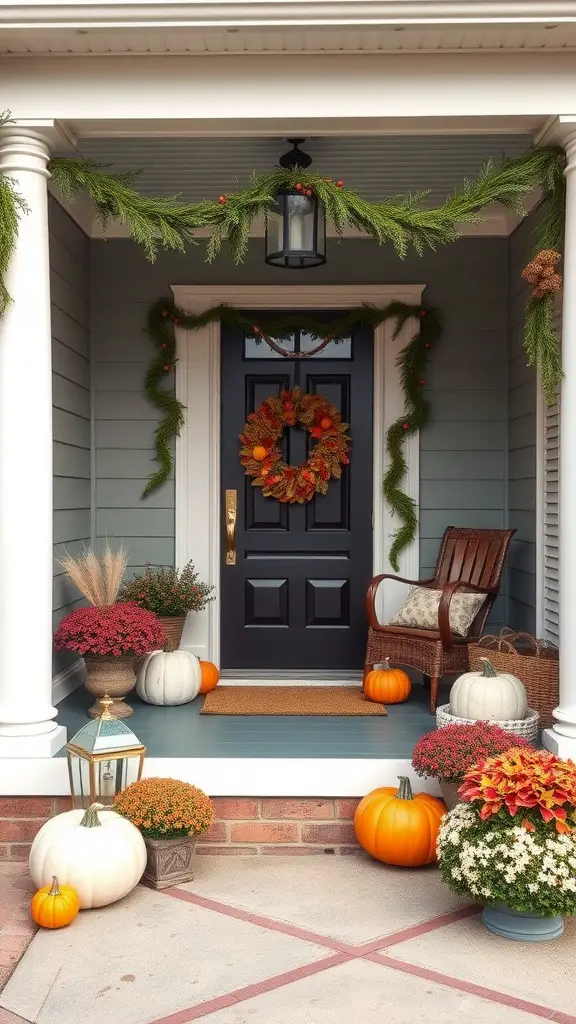 A cozy porch decorated for fall with pumpkins, a wreath, and potted flowers.