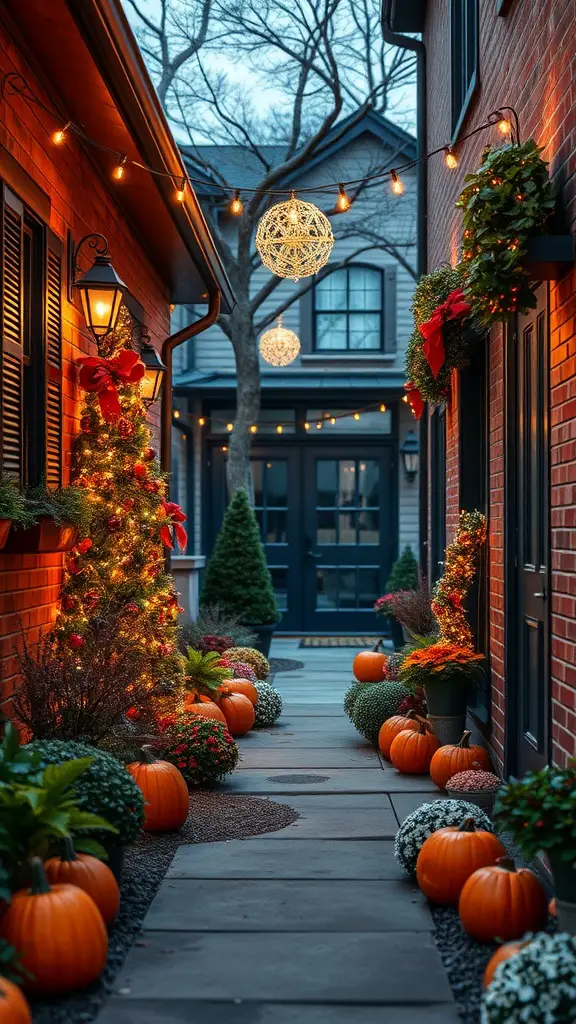 A beautifully decorated side yard for the festive season with pumpkins, plants, and lights.