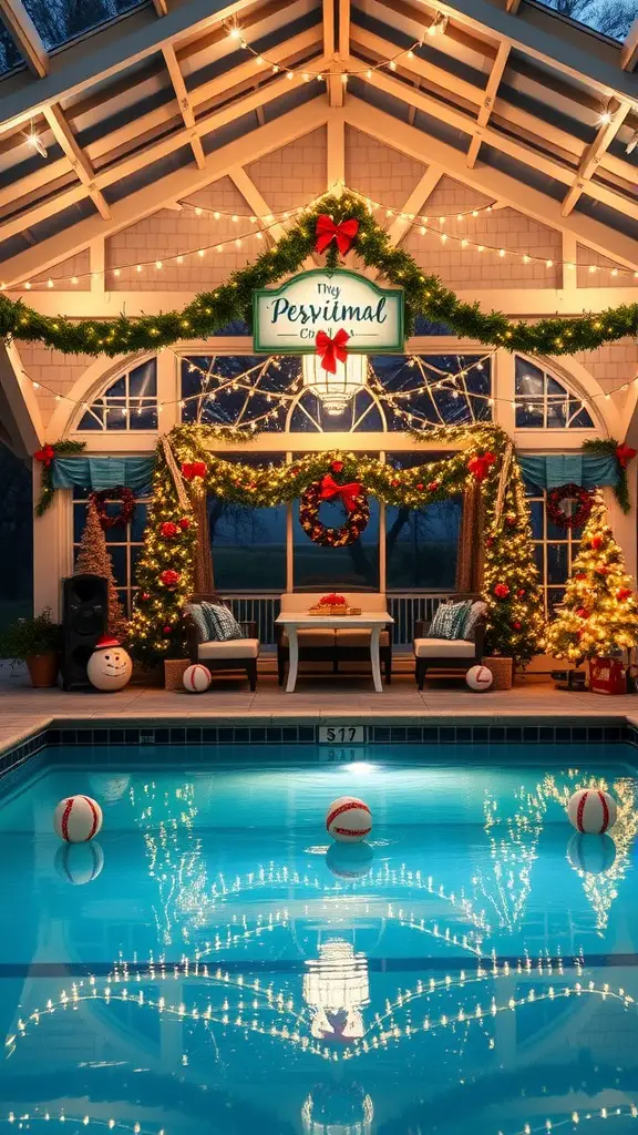 A decorated pool pavilion with festive lights, wreaths, and trees, reflecting a cozy holiday atmosphere.