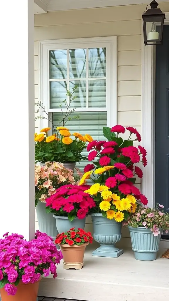 Colorful seasonal floral arrangements on a front porch, featuring pink, yellow, and orange flowers in various pots.