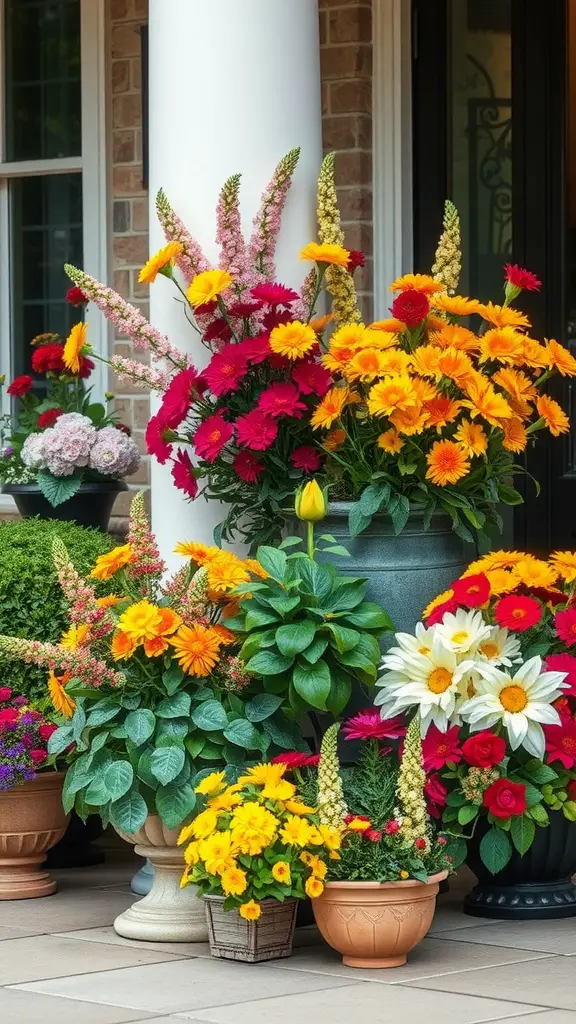 A front patio decorated with colorful seasonal floral arrangements in various pots