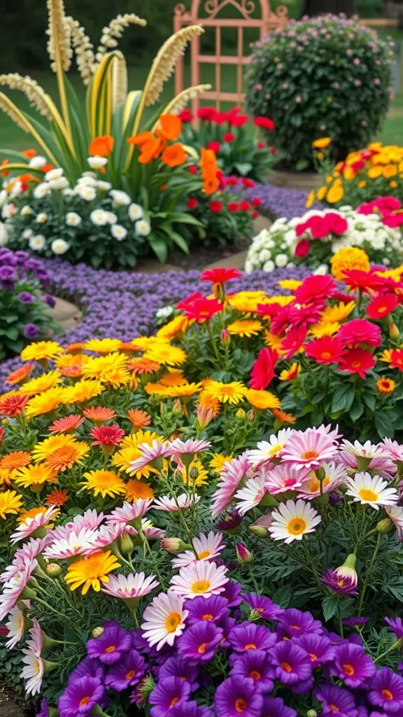 A vibrant display of seasonal flowers in a garden bed with various colors and types.