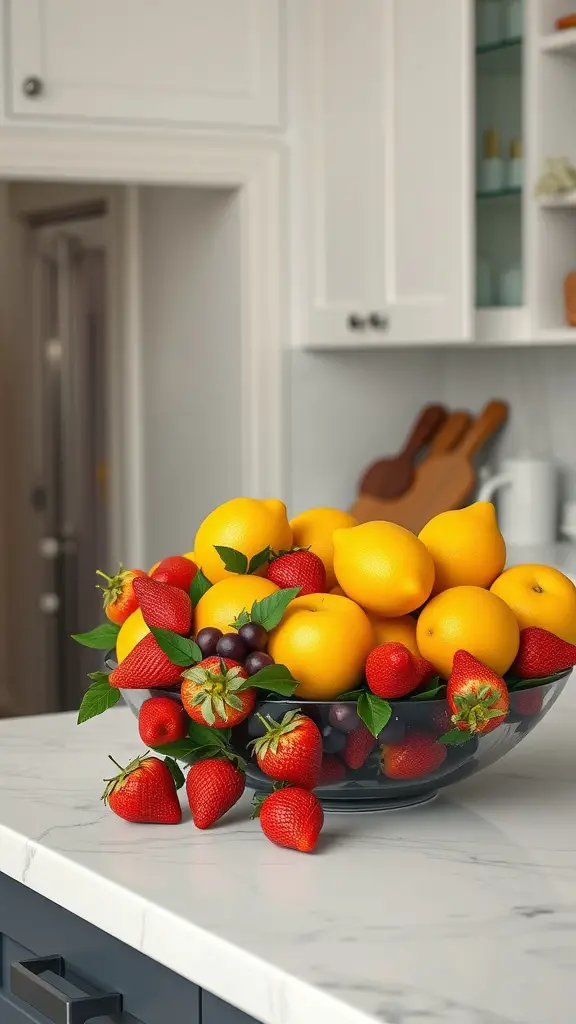 A vibrant bowl of lemons, strawberries, and grapes on a kitchen island