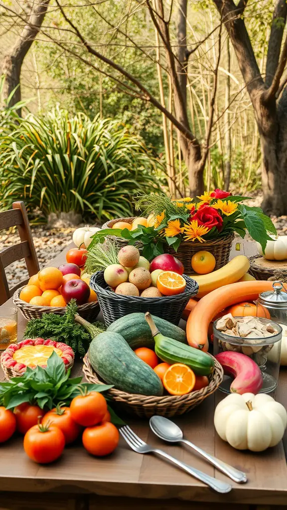 A beautifully arranged seasonal harvest table with fresh fruits, vegetables, and flowers in a backyard setting.