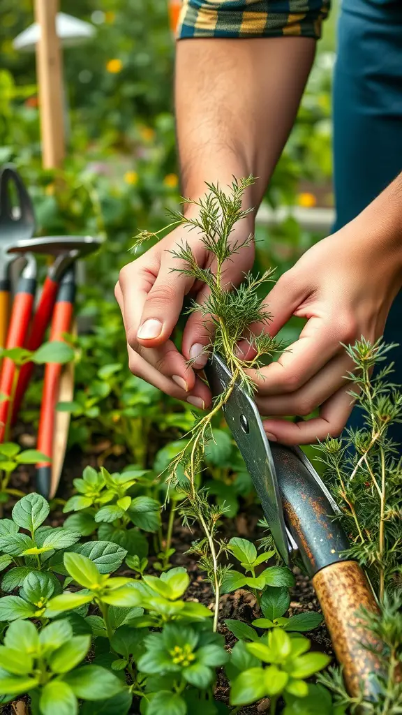 27 Essential Herbs to Grow in Your Outdoor Garden 28 A gardener pruning herbs in a vibrant outdoor herb garden.