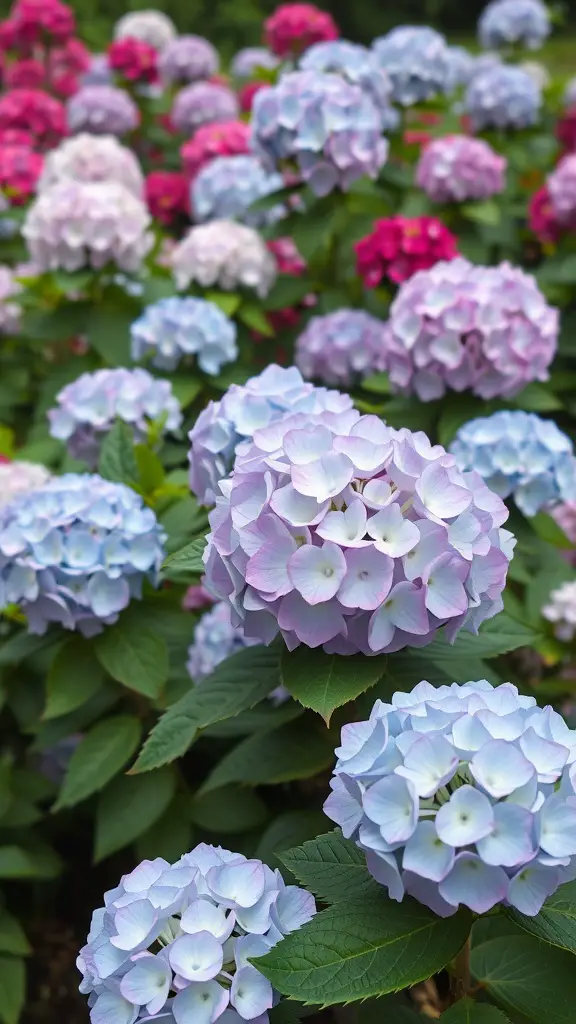 A garden filled with blooming hydrangeas in various shades of pink and blue.