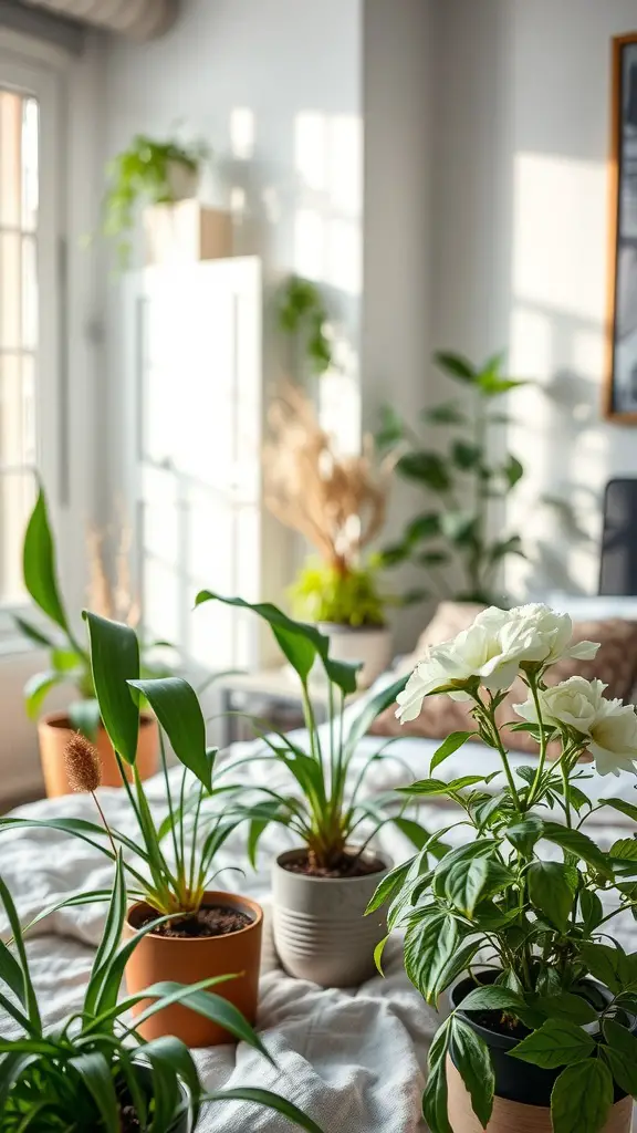 A cozy bedroom with various plants arranged on a bed, showcasing seasonal greenery.