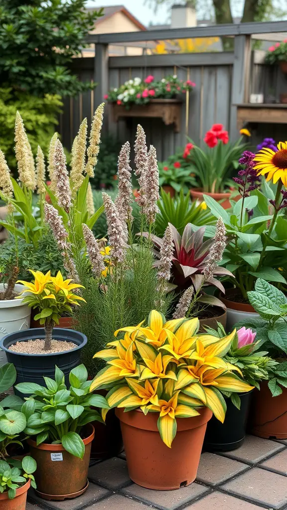 33 Cozy Backyard Ideas for Your Perfect Outdoor Oasis 32 A variety of colorful potted plants, including yellow foliage, vibrant blooms, and greenery, arranged in a cozy backyard.