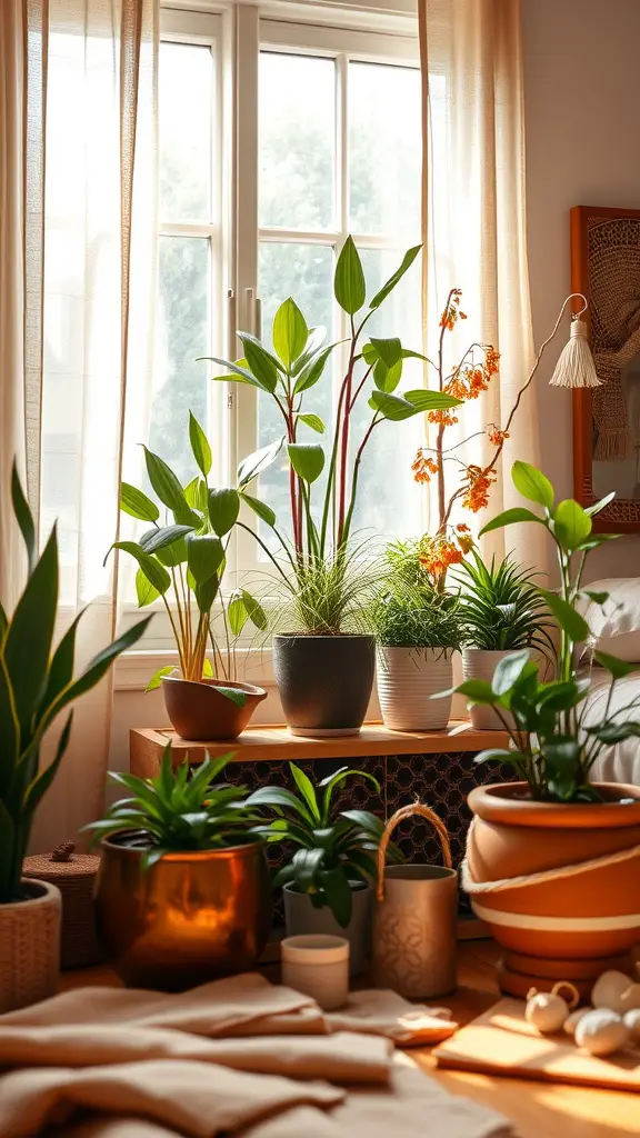 A cozy bedroom corner with various green plants displayed in natural light.