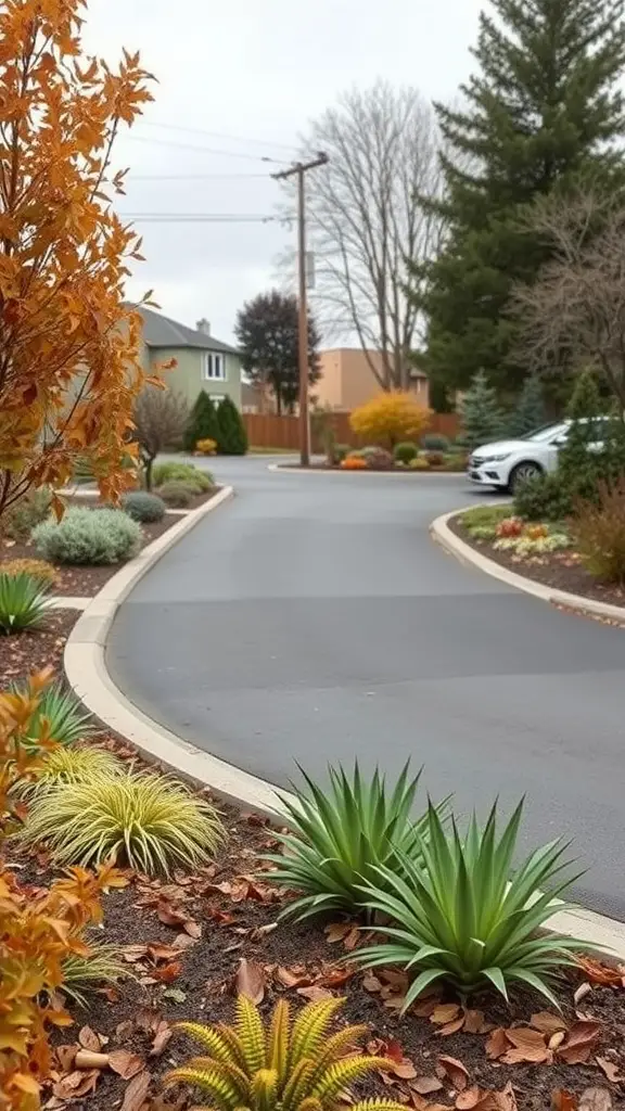 A beautifully landscaped driveway with seasonal plants and autumn foliage.