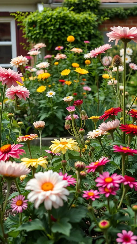 23 Stunning Cottage Garden Design Ideas for a Charming Outdoor Space 10 Colorful flowers in a cottage garden, showcasing seasonal planting with pink, yellow, and red blooms.