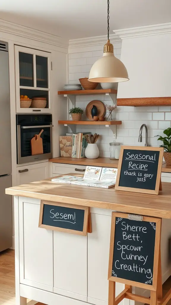 Kitchen island with seasonal recipe cards and chalkboards displaying notes.