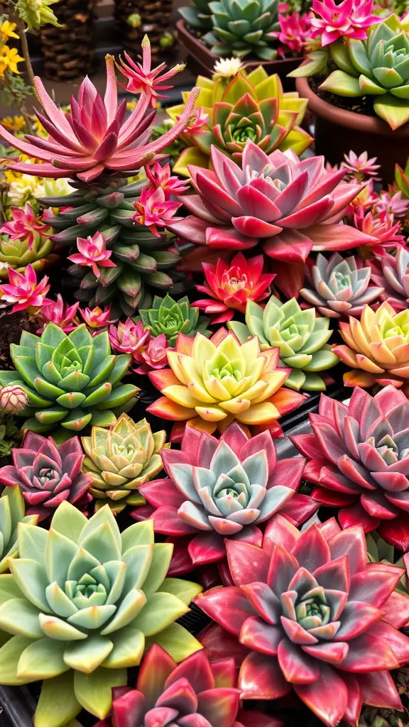 A vibrant collection of various succulents in multiple colors and shapes.