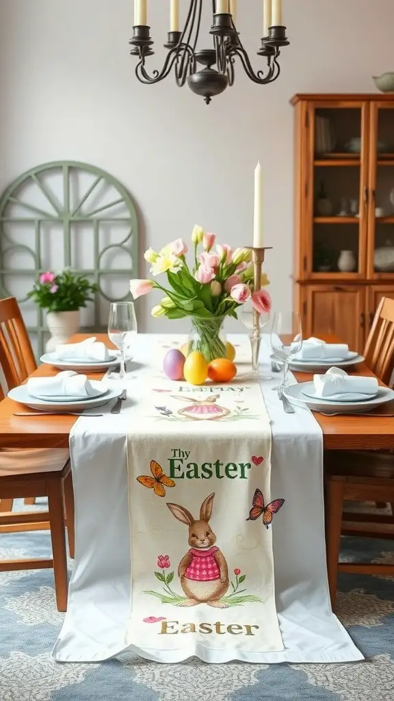 Easter table set with a decorative table runner featuring a bunny and butterflies, surrounded by flowers and colorful eggs.