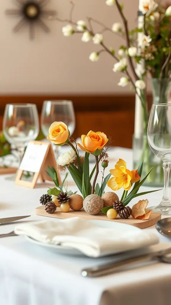 Spring table setting with seasonal themed place cards and floral arrangements