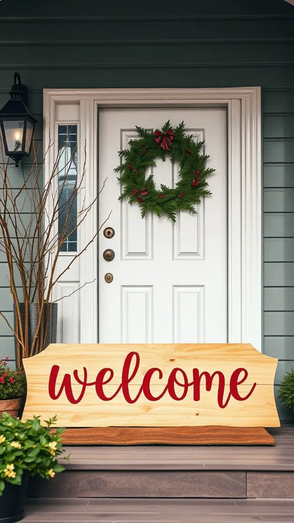 A farmhouse front porch with a welcome sign and a green wreath on the door.